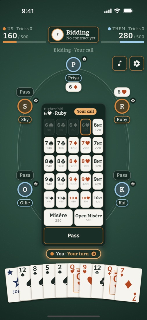 The bid table, from 6 Spades to 10 No Trumps, with Misère and Open Misère