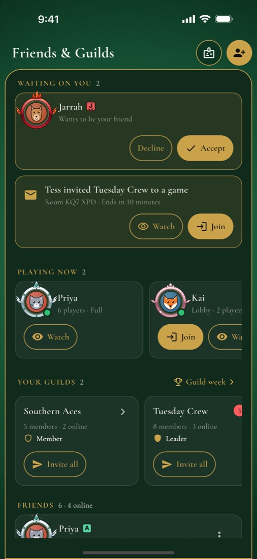 Friends and Guilds: invites waiting, friends playing now, and your guilds