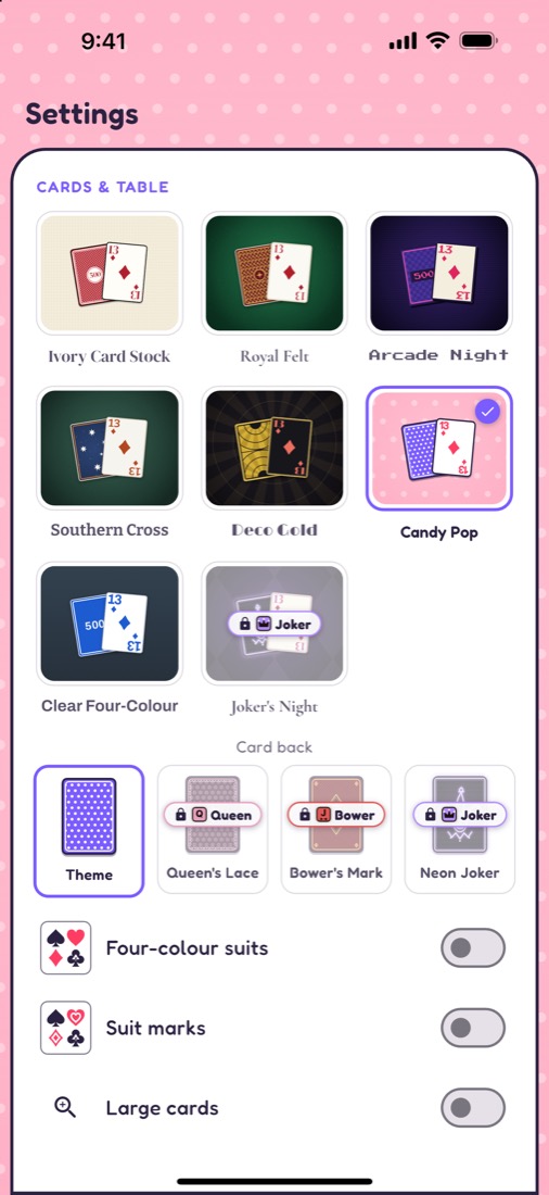 Card themes and card backs in Settings